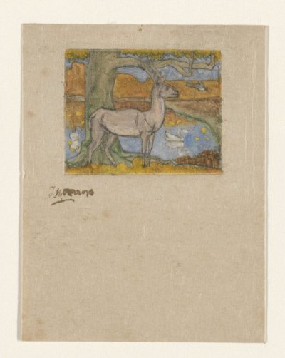 Cervo vicino a un albero davanti a uno stagno da Jan Toorop (signed by artist)
