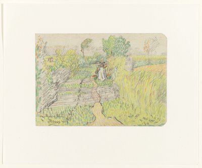 Contadina con giogo e secchi di latte sulle spalle, camminando attraverso un campo di grano da Jan Toorop