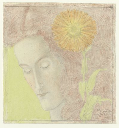 Testa di donna con capelli rossicci e crisantemo da Jan Toorop