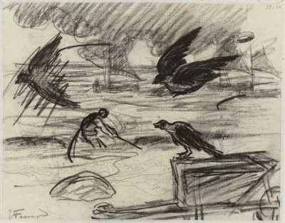 Veduta marina con pescatore, in primo piano una carriola con uccelli da Jan Toorop