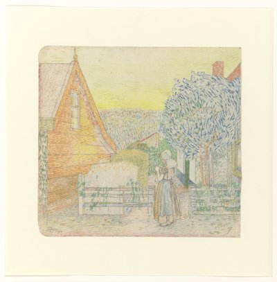 Ragazza zelandese che lavora a maglia in un cortile da Jan Toorop