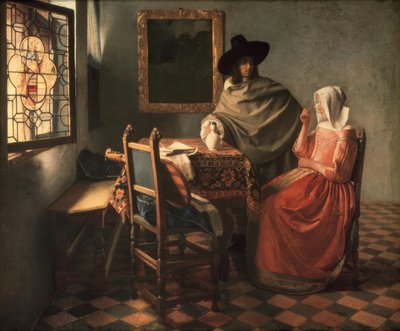 Signore e signora con vino da Jan Vermeer van Delft