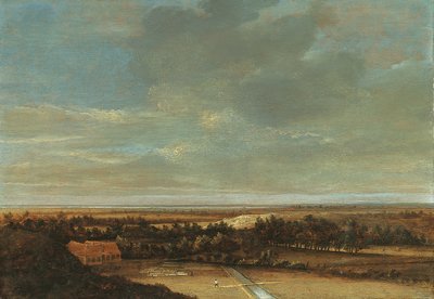 Ampio paesaggio di dune con una fattoria e un campo di candeggio da Jan Vermeer van Haarlem