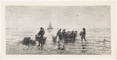 Pescatori che svuotano una barca sulla spiaggia da Johannes Martinus Vrolijk