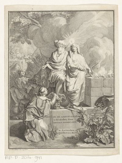 Pagina del titolo allegorica con il patriarca Abramo e la Verità, Pagina del titolo per: Arnold Hoogvliet, Abramo il patriarca, in XII Libri, 1728 da Jan Wandelaar