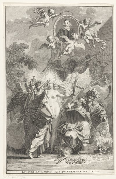 Pagina del titolo allegorica con il ritratto dello scrittore Edward Simson da Jan Wandelaar