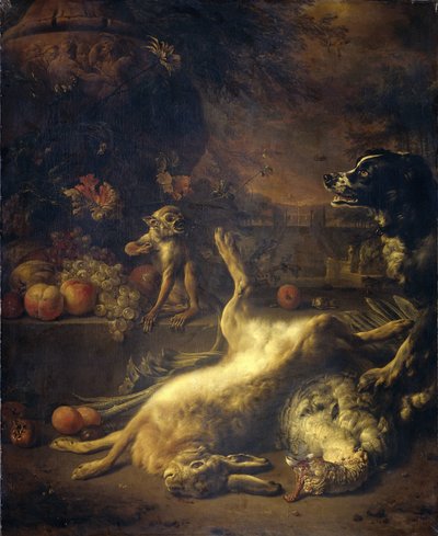 Una scimmia e un cane con selvaggina morta e frutta da Jan Baptist Weenix