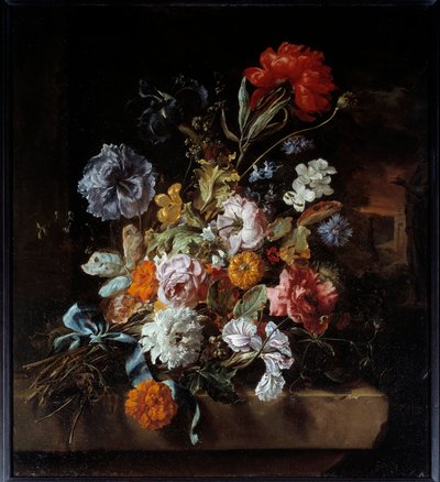 Bouquet di fiori deposto su una panchina di pietra da Jan Baptist Weenix