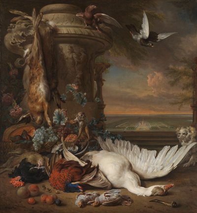 Natura morta di caccia e frutta accanto a un vaso da giardino, con una scimmia, un cane e due colombe, in lontananza Rijksdorp vicino a Wassenaar, sede di Jacob Emmery, barone di Wassenaar da Jan Baptist Weenix