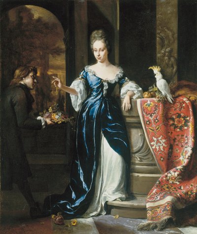 Ritratto di Lodewina Schey in un vestito blu, con un assistente che porta fiori da Jan Baptist Weenix