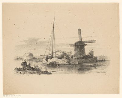 Vista su un canale con barca di torba e barca a vela da Jan Weissenbruch