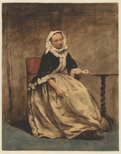 Donna seduta accanto a un piccolo tavolo da Jan Weissenbruch