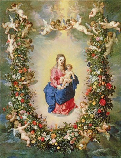 La Vergine e il Bambino circondati da una ghirlanda di fiori tenuta in alto da cherubini, c.1624 da Jan and Balen, Hendrik van Brueghel