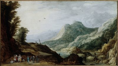 Paesaggio montano con una famiglia di contadini sul ciglio della strada da Jan and Momper Joos de  Brueghel