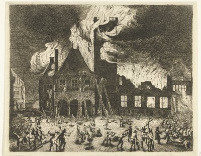 Il vecchio municipio di Amsterdam in fiamme da Jan de Baen