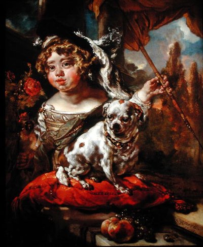 Ritratto di un ragazzo con cappello piumato, che tiene un falcone e una lancia, con un carlino seduto davanti a lui da Jan or Joan van Noordt