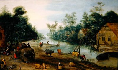 Paesaggio fluviale boscoso in estate con viaggiatori che arrivano a una locanda (olio su pannello) da Jan the Elder (circle of) Brueghel