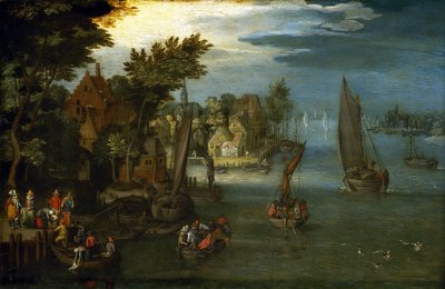 La vivace riva di un fiume, con barche olandesi e passeggeri che salgono su una barca navetta per la traversata da Jan the Elder (circle of) Brueghel