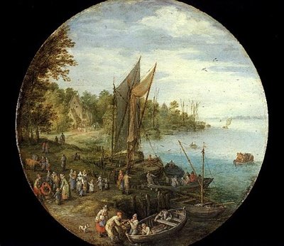 Un estuario boscoso con un traghetto da Jan the Elder Brueghel