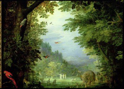 La terra o Il paradiso terrestre, (dettaglio di Adamo ed Eva con Dio e altri animali) da Jan the Elder Brueghel