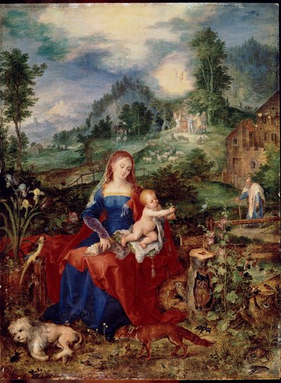 La Sacra Famiglia con animali vergini che sfogliano un libro e tengono il bambino Gesù, circondati da un cane, una volpe, uccelli, un granchio, un gufo, un pappagallo, una rana, una lumaca e un