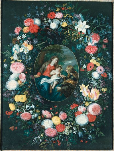 Il matrimonio mistico di Santa Caterina in un paesaggio, circondato da una ghirlanda di fiori da Jan Brueghel the Younger