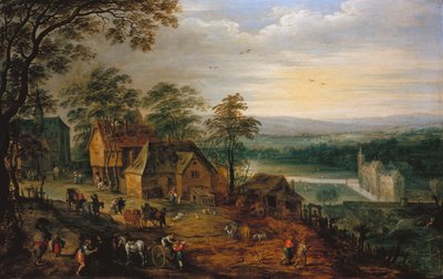 Strada del villaggio con figure e carri, un castello con fossato sullo sfondo da Jan Brueghel the Younger