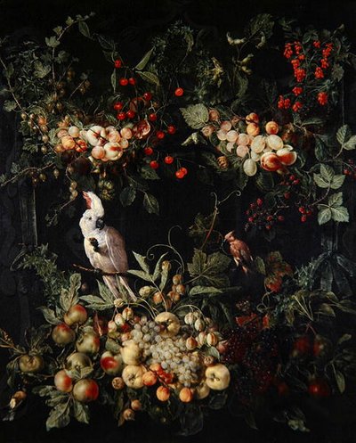 Ghirlande di frutta con fiori intorno a un cartiglio con un cacatua crestato di zolfo da Jan van (attr. to) Kessel