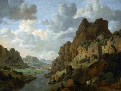 Olandese: Paesaggio montano con viaggiatori in riposo Paesaggio roccioso. da Jan van Aken