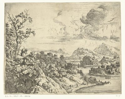 Paesaggio fluviale con uomo con carico sulla schiena da Jan van Aken