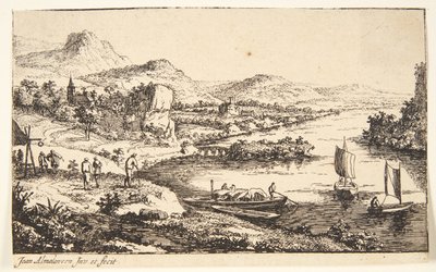 Paesaggio fluviale con viandanti, a destra una chiatta e due barche a vela da Jan van Almeloveen