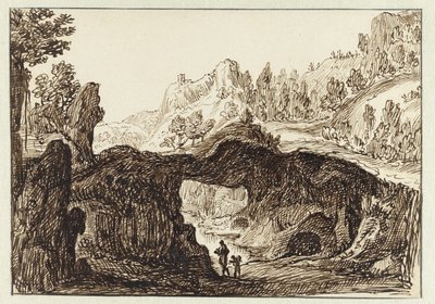 Paesaggio montuoso roccioso con due viaggiatori in primo piano da Jan van Almeloveen