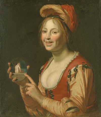 Ragazza che ride mostrando un piccolo quadro di una donna nuda vista da dietro da Jan van Bijlert