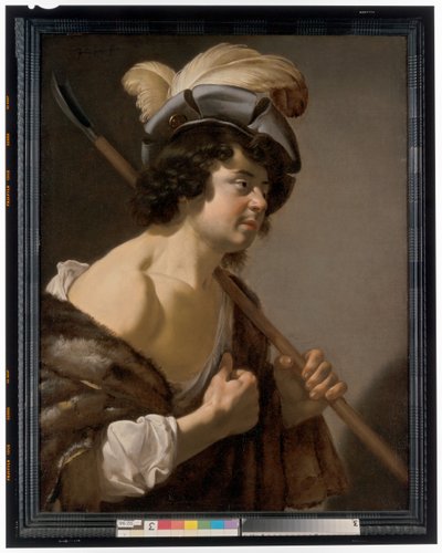 Un pastore, mezzo busto di profilo, con un elegante cappello piumato da Jan van Bijlert or Bylert