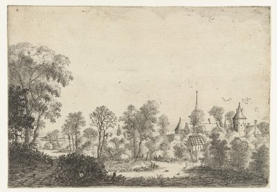 Paesaggio con vista sul villaggio e uomo in barca da Jan van Brosterhuyzen