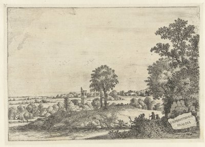 Paesaggio con due uomini su una strada sabbiosa e vista su un villaggio da Jan van Brosterhuyzen