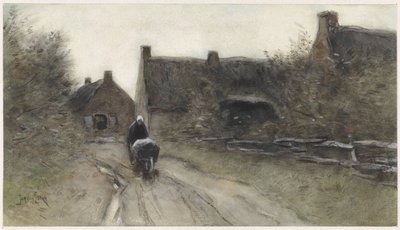 Veduta di un villaggio con donna con carriola da Jan van Essen