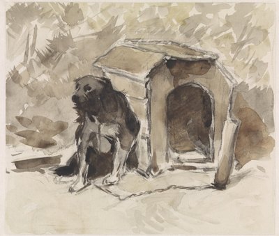 Cane, legato seduto davanti alla sua cuccia da Jan van Essen