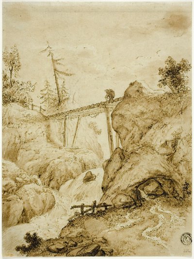 Uomo che attraversa un ponte di tronchi su un torrente da Jan van Eyck