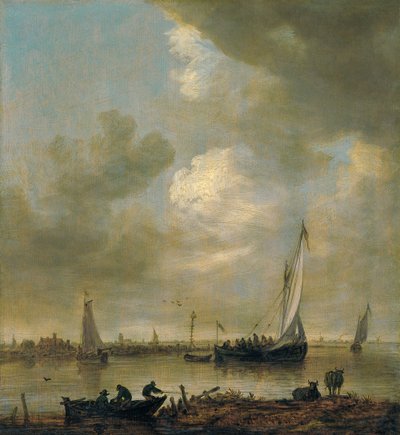 Estuario del fiume con "Smalschips", pescatori e bestiame che si abbevera da Jan van Goyen