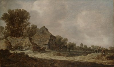 Una strada sabbiosa con cottage dal tetto di paglia da Jan van Goyen