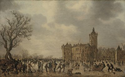 Paesaggio invernale con figure che si muovono sul ghiaccio presso il castello di Montfoort da Jan van Goyen