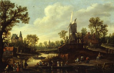 Tedesco: Flusslandschaft mit Fähre Paesaggio fluviale con traghetto da Jan van Goyen