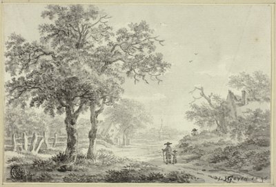 Uomo e ragazzo a piedi lungo la strada del villaggio da Jan van Goyen