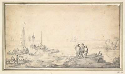 Tre figure su una duna che domina la baia con navi da Jan van Goyen
