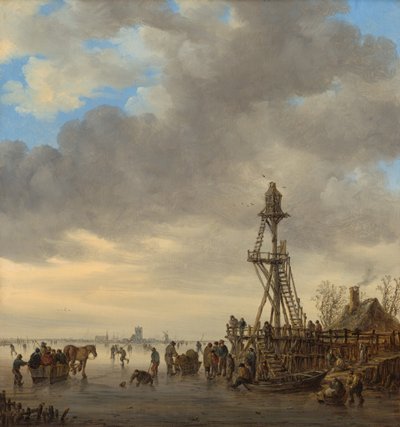 Paesaggio invernale con lago ghiacciato, pattinatori e torre di osservazione in legno da Jan van Goyen