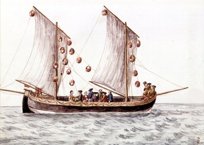 Un trabaccolo veneziano con lanterne, barca da pesca utilizzata in acque poco profonde come il Mare Adriatico. Disegno ad acquerello e inchiostro dal manoscritto "Costumi dei Veneziani" di Jan van Grevenbroeck (o Giovanni Grevembroch) (1731-1807) da Jan van Grevenbroeck