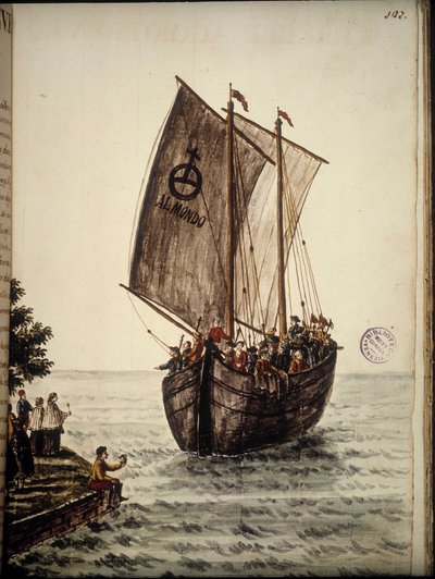 Barca dei pellegrini. Disegno ad acquerello e inchiostro dal manoscritto 