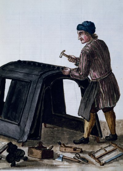 Costruttori di gondole, illustrazione di Jan van Grevenbroeck dal manoscritto Dress of Venetians, Italia da Jan van Grevenbroeck