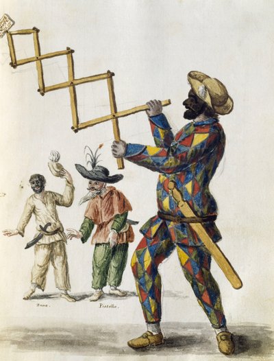 Arlecchino, acquerello da I vestiti veneziani, di quasi ogni epoca diligentemente raccolti e dipinti nel XVIII secolo, di Jan van Grevenbroeck o Giovanni Grevembroch, Italia da Jan van Grevenbroeck